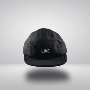 product photography of the outside of the black "LIVE" adventure cap